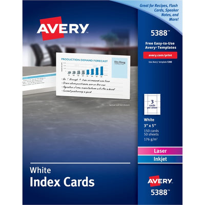 Avery® Index Cardsfor Laser and Inkjet Printers, 3" x 5" (AVE05388)