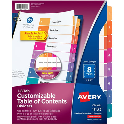 Avery® Ready Index® Table of Content Dividersfor Laser and Inkjet Printers, 8 tabs, 1 set (AVE11133)