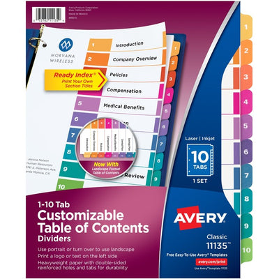 Avery® Ready Index® Table of Content Dividers for Laser and Inkjet Printers, 10 tabs, 1 set (AVE11135)
