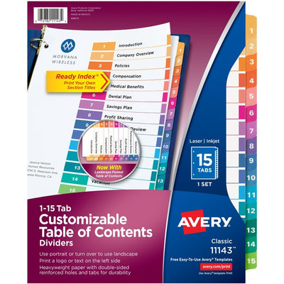 Avery® Ready Index® Table of Content Dividersfor Laser and Inkjet Printers, 15 tabs, 1 set (AVE11143)