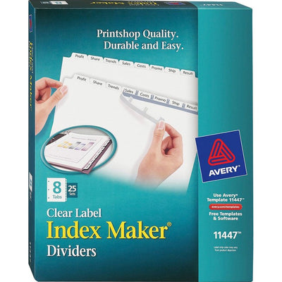Avery® Print & Apply Clear Label Dividerswith Index Maker® Easy Apply™ Labels for Laser and Inkjet Printers, 8 tabs, 25 sets (AVE11447)