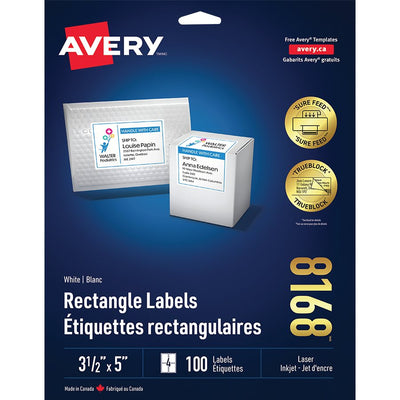 Avery&reg; White Rectangle Labels with Sure Feed&trade; Technology, TrueBlock&reg;, 3-1/2" x 5" , for Laser and Inkjet Printers (AVE08168)