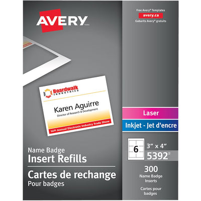 Avery&reg; Name Badge Insertsfor Laser and Inkjet Printers, 3" x 4" (AVE05392)