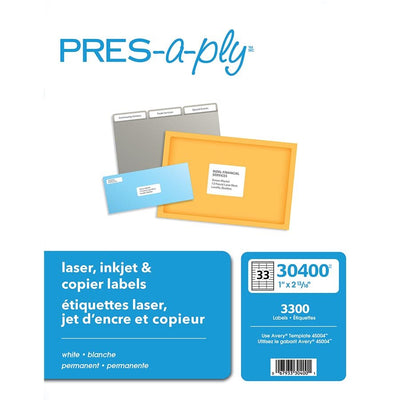 PRES-a-ply Labels for Copiers, 1" x 2-13/16" , Permanent-Adhesive, 33-up, 3300 labels (AVE30400)