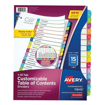 Avery&reg; Ready Index&reg; Customizable Table of Contents Dividersfor Laser and Inkjet Printers, 15 tabs, 1 set (AVE11845)