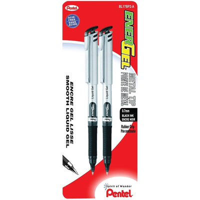 EnerGel Liquid Gel Pen, (0.7mm) Metal Tip, Capped, Black Ink, 2PC Pack (PENBL17BP2A)