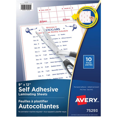 Avery&reg; Self Adhesive Laminating Sheets, 9" x 12" , 10/pk (AVE75293)