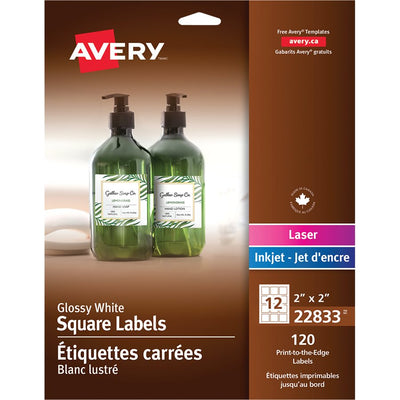 Avery&reg; Glossy White Square Labels 2" x 2" , Permanent Adhesive, for Laser and Inkjet Printers (AVE22833)