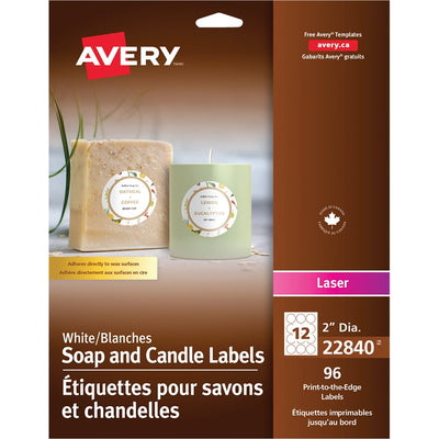 Avery&reg; Glossy White Round Soap and Candle Labels 2" Diameter, Permanent Adhesive, for Laser Printers (AVE22840)