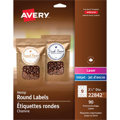 Avery&reg; Hemp Round Labels 2-1/2" Diameter, Permanent Adhesive, for Laser and Inkjet Printers (AVE22842)