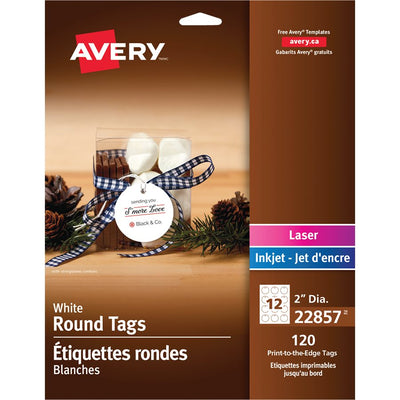 Avery&reg; Printable Round Tags with Strings 2" Diameter, for Laser and Inkjet Printers (AVE22857)