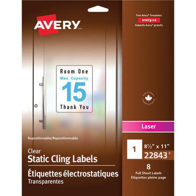 Avery&reg; Clear Static Cling Labels 8-1/2" X 11" , Repositionable, for Laser Printers (AVE22843)