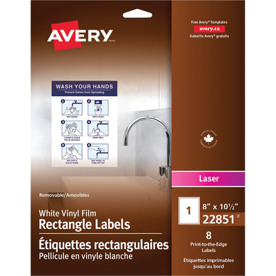 Avery&reg; White Vinyl Film Rectangle Labels 8" X 10-1/2" , Removable Adhesive, for Laser Printers (AVE22851)