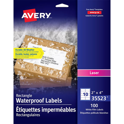 Avery&reg; Waterproof Labels 2" x 4" , Permanent Adhesive, for Laser Printers (AVE35523)