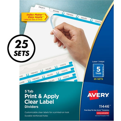 Avery&reg; Print & Apply Clear Label Dividerswith Index Maker&reg; Easy Apply&trade; Labels for Laser and Inkjet Printers, 5 tabs, 25 sets (AVE11446)