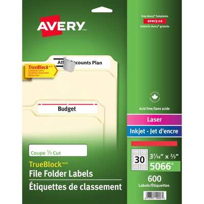 Avery&reg; Filing Labelswith TrueBlock&trade; Technology for Laser and Inkjet Printers, 3-7/16" x 2/3" , Red (AVE05066)