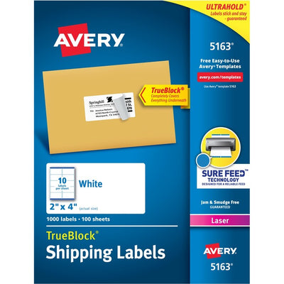 Avery&reg; White Rectangle Labels with Sure Feed&trade; Technology,TrueBlock&reg;, 2" x 4" , for Laser and Inkjet Printers (AVE05163)