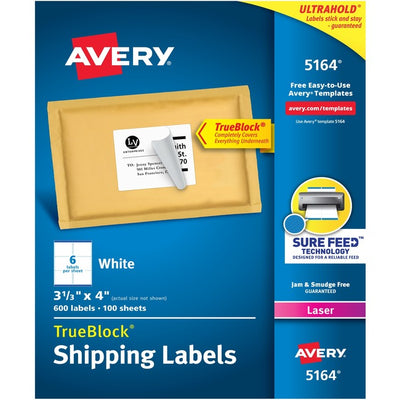 Avery&reg; White Rectangle Labels with Sure Feed&trade; Technology,TrueBlock&reg;, 3-1/3" x 4" , for Laser and Inkjet Printers (AVE05164)