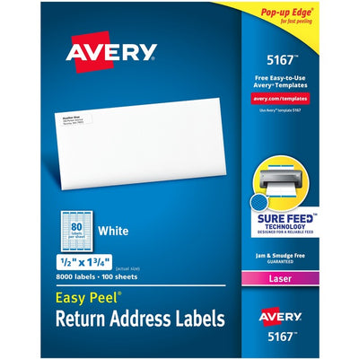 Avery&reg; White Rectangle Labels with Sure Feed&trade; Technology,Easy Peel&reg;, 1/2" x 1-3/4" , for Laser and Inkjet Printers (AVE05167)