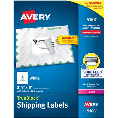 Avery&reg; White Rectangle Labels with Sure Feed&trade; TechnologyTrueBlock&reg; 3-1/2" x 5" , for Laser and Inkjet Printers (AVE05168)