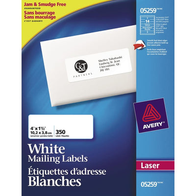 Avery&reg; White Rectangle Labels1-1/2" x 4" , for Laser and Inkjet Printers (AVE05259)