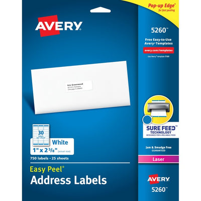 Avery&reg; White Rectangle Labels with Sure Feed&trade; Technology,Easy Peel&reg;, 1" x 2-5/8" , for Laser and Inkjet Printers (AVE05260)