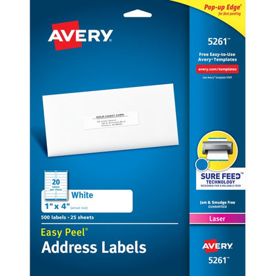 Avery&reg; White Rectangle Labels with Sure Feed&trade; Technology, Easy Peel&reg;, 1" x 4" , for Laser and Inkjet Printers (AVE05261)