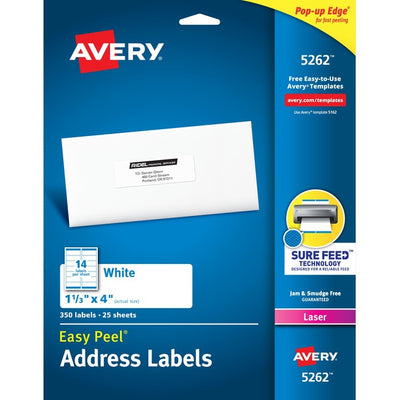 Avery&reg; White Rectangle Labels with Sure Feed&trade; TechnologyEasy Peel&reg;, 1-1/3" x 4" , for Laser and Inkjet Printers (AVE05262)
