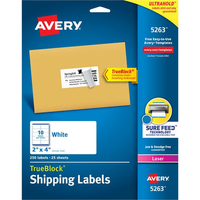 Avery&reg; White Rectangle Labels with Sure Feed&trade; Technology, TrueBlock&reg;, 2" x 4" , for Laser and Inkjet Printers (AVE05263)