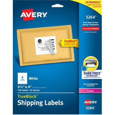 Avery&reg; White Rectangle Labels with Sure Feed&trade; Technology 3-1/3" x 4" ,for Laser and Inkjet Printers (AVE05264)