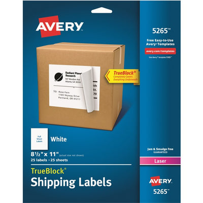 Avery&reg; White Rectangle LabelsTrueBlock&reg;, 8-1/2" x 11" , Permanent Adhesive, for Laser and Inkjet Printers (AVE05265)
