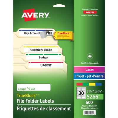Avery&reg; Filing Labelswith TrueBlock&trade; Technology for Laser and Inkjet Printers, 2/3" x 3-7/16" , Assorted Colours, 600/pk (AVE05266)