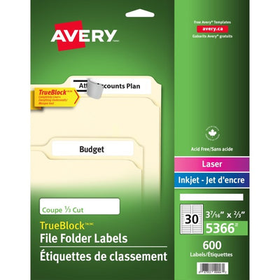Avery&reg; Filing Labelswith TrueBlock&trade; Technology for Laser and Inkjet Printers, 3-7/16" x 2/3" , White (AVE05366)