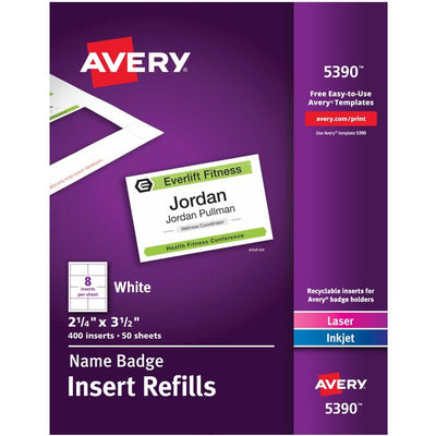Avery&reg; Name Badge Insertsfor Laser and Inkjet Printers, 2-1/4 x 3-1/2 (AVE05390)