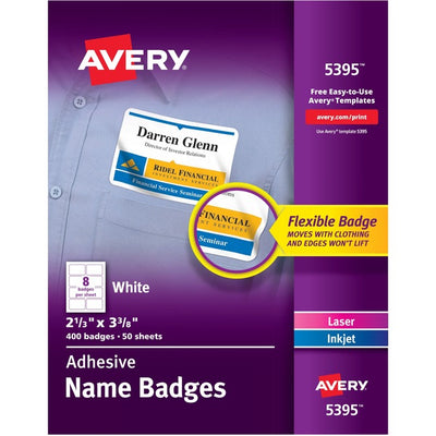 Avery&reg; Flexible Name Badgesfor Laser and Inkjet Printers, 3-3/8" x 2-1/3" , White (AVE05395)