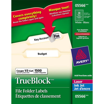 Avery&reg; Filing Labelswith TrueBlock&trade; Technology for Laser and Inkjet Printers, 2/3" x 3-7/16" , White (AVE05566)