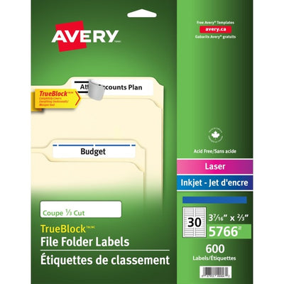 Avery&reg; Filing Labelswith TrueBlock&trade; Technology for Laser and Inkjet Printers, 2/3" x 3-7/16" , Blue (AVE05766)