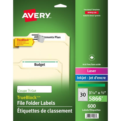 Avery&reg; Filing Labelswith TrueBlock™ Technology for Laser and Inkjet Printers, 2/3" x 3-7/16" , Green (AVE05866)