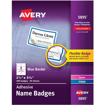 Avery&reg; Flexible Name Badgesfor Laser and Inkjet Printers, 3-3/8" x 2-1/3" , Blue Border (AVE05895)