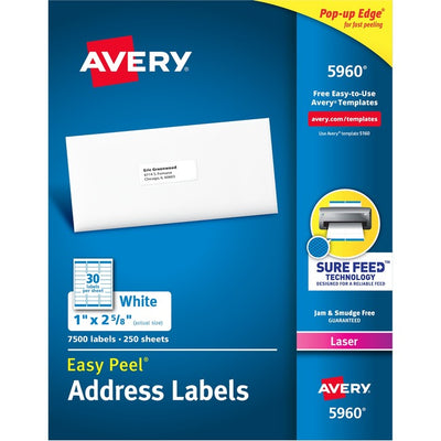 Avery&reg; White Rectangle Labels with Sure Feed&trade; TechnologyEasy Peel&reg;, 1" x 2-5/8" , for Laser and Inkjet Printers (AVE05960)
