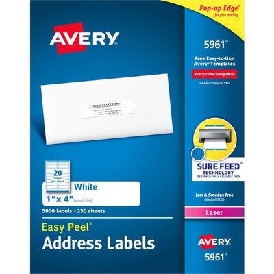 Avery&reg; White Rectangle Labels with Sure Feed&trade; TechnologyEasy Peel&reg;, 1" x 4" , for Laser and Inkjet Printers (AVE05961)