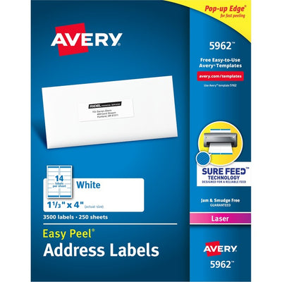 Avery&reg; White Rectangle Labels with Sure Feed&trade; TechnologyEasy Peel&reg;, 1-1/3" x 4" , Permanent Adhesive, for Laser and Inkjet Printers (AVE05962)