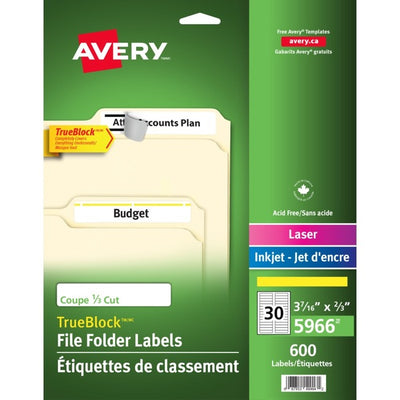 Avery&reg; Filing Labelswith TrueBlock™ Technology for Laser and Inkjet Printers, 2/3" x 3-7/16" , Yellow (AVE05966)