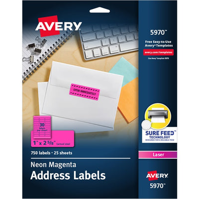 Avery&reg; High Visibility Neon ID Labelsfor Laser and Inkjet Printers, 1" x 2-5/8" , Neon Pink (AVE05970)