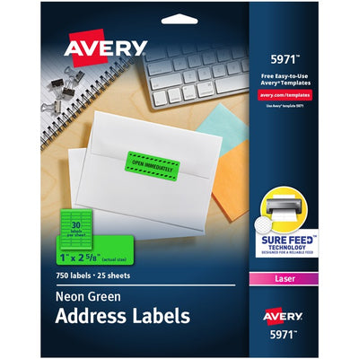 Avery&reg; High Visibility Neon ID Labelsfor Laser and Inkjet Printers, 1" x 2-5/8" , Neon Green (AVE05971)