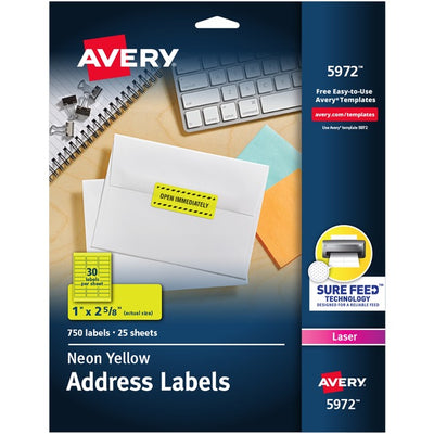 Avery&reg; High Visibility Neon ID Labelsfor Laser and Inkjet Printers, 1" x 2-5/8" , Neon Yellow (AVE05972)