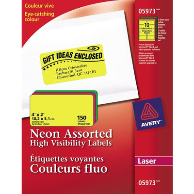 Avery&reg; High Visibility Neon ID Labelsfor Laser and Inkjet Printers, 2" x 4" , Assorted Colours (AVE05973)