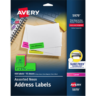 Avery&reg; High Visibility Neon ID Labelsfor Laser and Inkjet Printers, 1" x 2-5/8" , Assorted Colours (AVE05979)