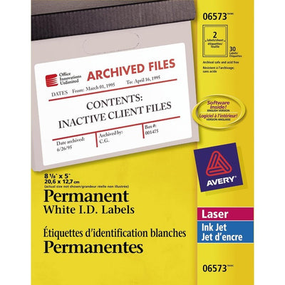 Avery&reg; ID Labelsfor Laser and Inkjet Printers, 8-1/8" x 5" (AVE06573)