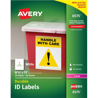 Avery&reg; Durable ID Labelswith TrueBlock&trade; Technology for Laser Printers, 8-1/2" x 11" (AVE06575)